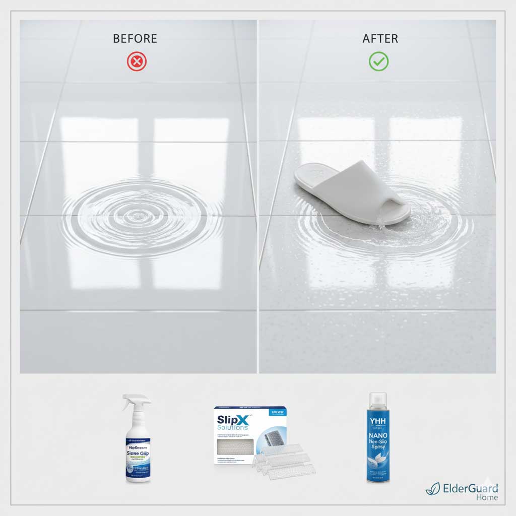 Visual demonstration of an invisible anti-slip tile treatment for elderly safety, showing increased surface traction on wet bathroom tiles.
