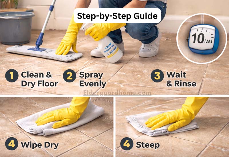 Applying non-slip spray on ceramic tile floors step by step to improve traction and reduce slipping