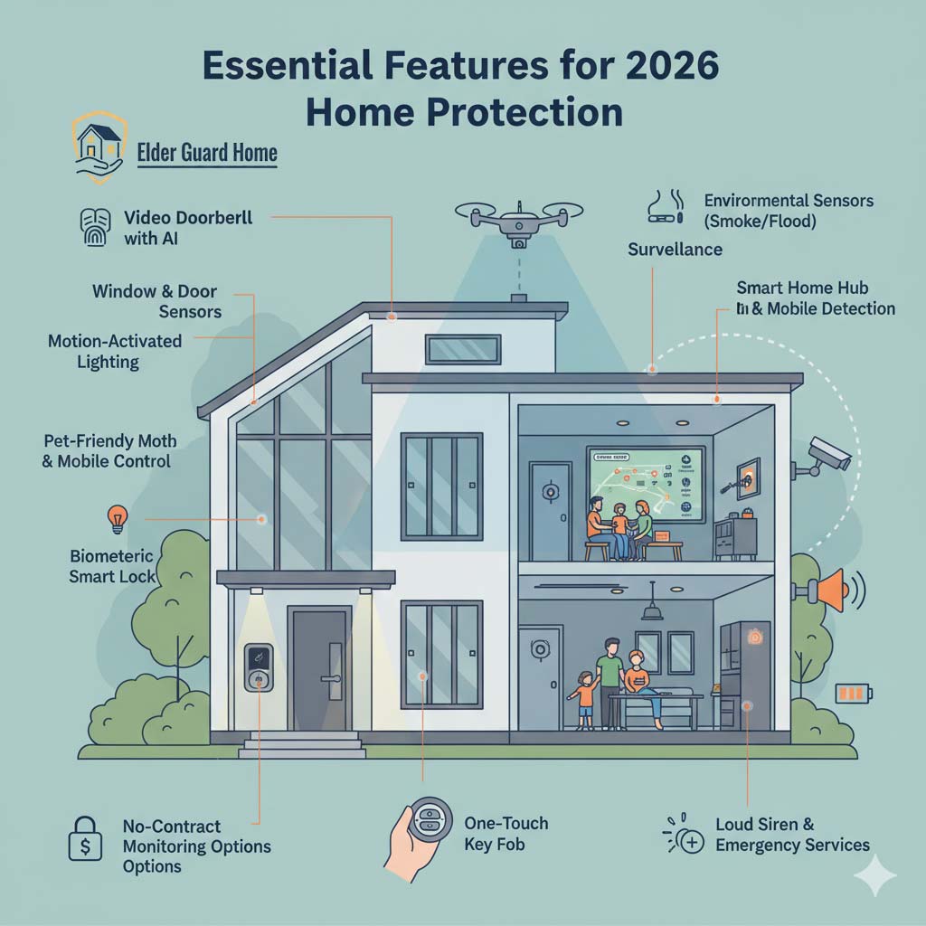 Essential home protection features for 2026 showing entry sensors, motion detection, mobile alerts, backup power, and simple security controls.