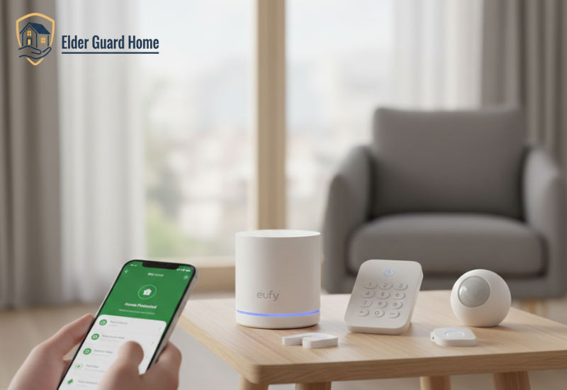 Eufy security 5-piece home alarm kit with a central hub, keypad, and motion sensor.