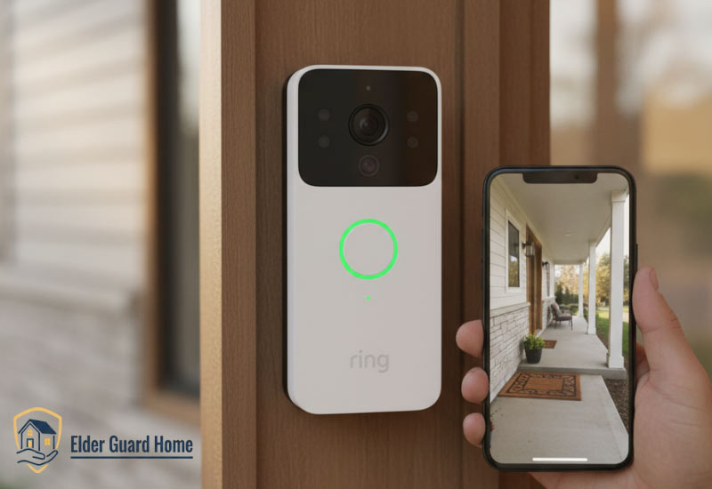Ring battery video doorbell mounted on a wood frame with a smartphone showing live view.