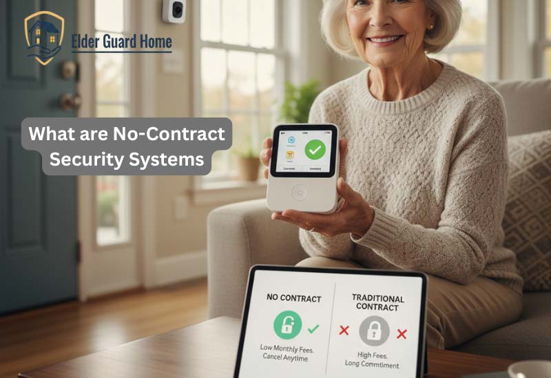 A senior woman uses a smartphone to view her No-Contract Security Systems video feed.