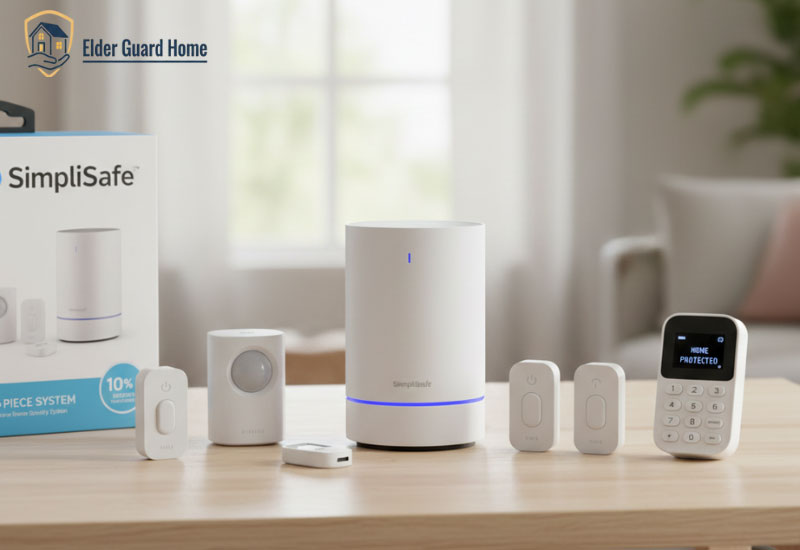 SimpliSafe 10-piece wireless home security system with base station, sensors, and keypad on a table.