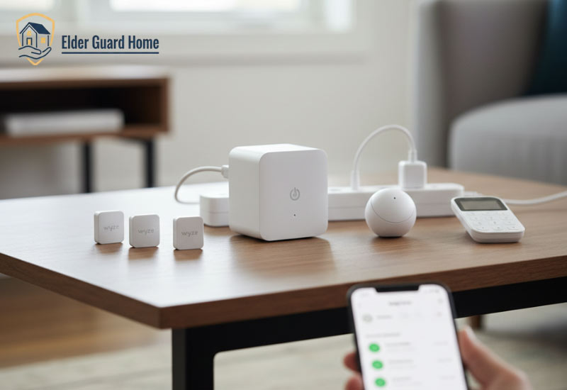 Wyze home monitoring core starter kit featuring a white hub and sensors on a wooden table.