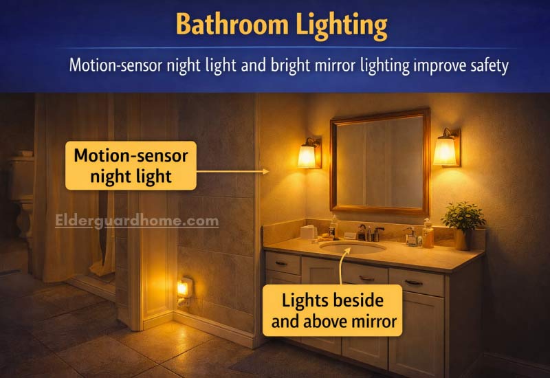 Bathroom lighting with motion sensor night light and bright mirror lights for senior safety