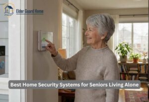 A senior woman uses a touch screen to control her Best Home Security Systems.