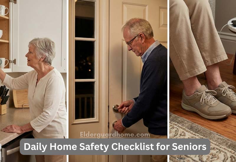 Daily senior home safety checklist showing lighting, clearing floors, and phone use.