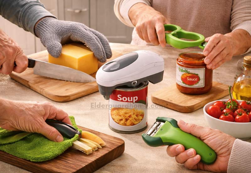 Ergonomic kitchen tools for seniors including electric can opener and easy-grip utensils in use.