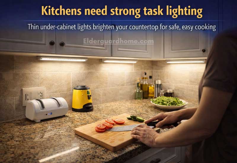 improving visual contrast with task lighting to make kitchen counters safer for seniors.