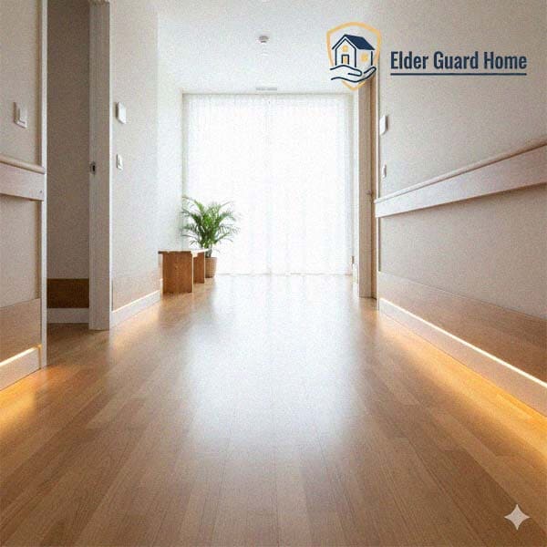Non-slip flooring and motion-sensor lighting, showing easy low cost home safety for seniors.