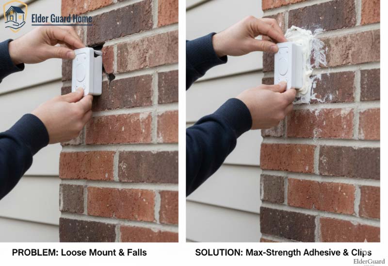 Comparison image showing a loose doorbell mount on the left and a properly reinforced fix on the right.