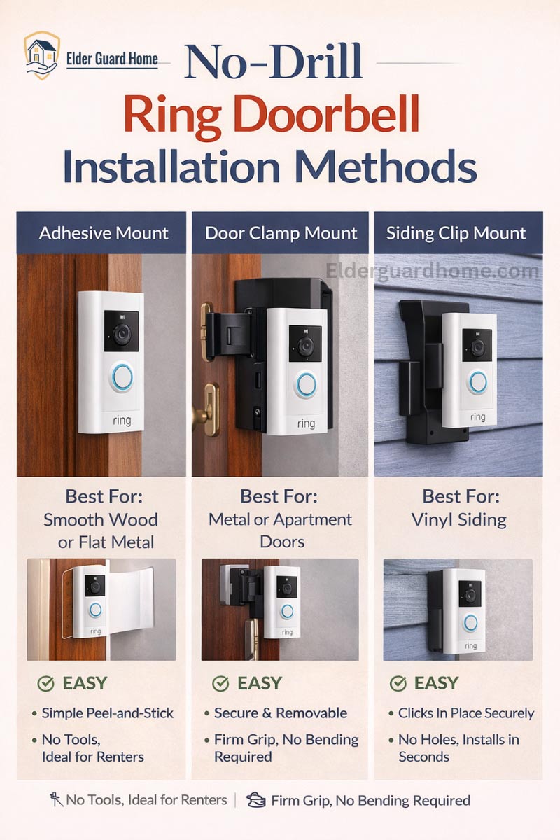 No-drill Ring doorbell installation methods showing adhesive mount, door clamp mount, and siding clip mount for senior homes without drilling.
