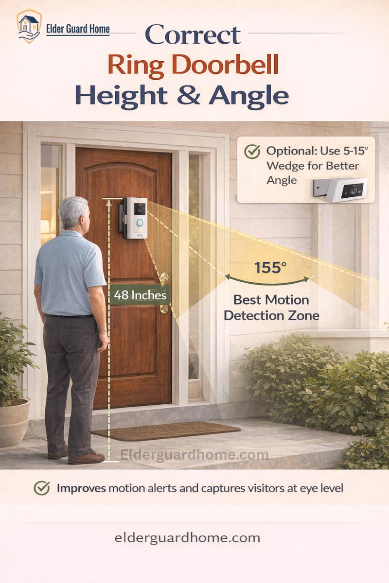 Step-by-step diagram showing how seniors can install a Ring doorbell without drilling, including cleaning, mounting, pressing, and testing.