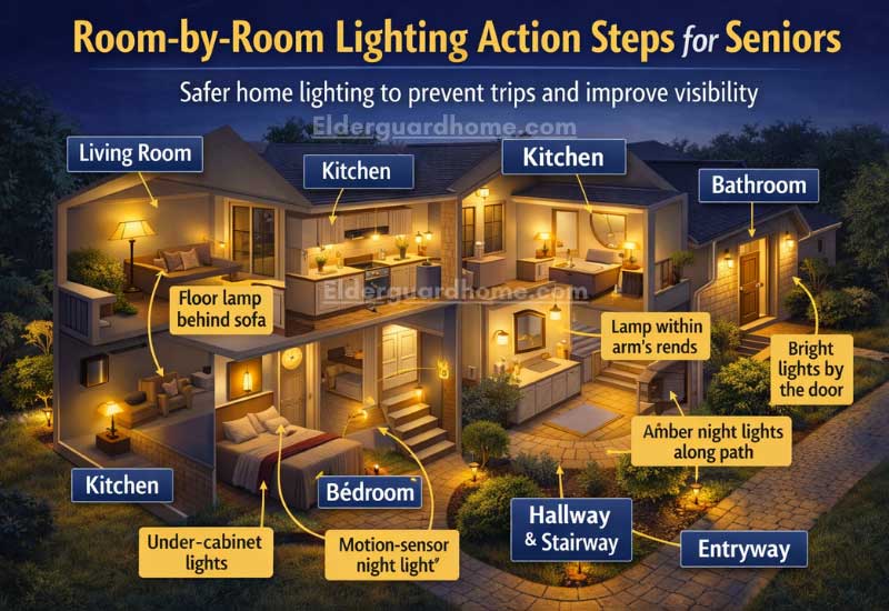 Room-by-room safe home lighting design for seniors with glare-free paths and task lighting