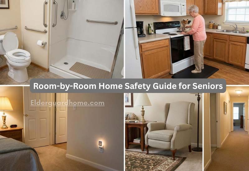 safe bathroom grab bars, kitchen mats, and bedroom night lights for seniors safety.