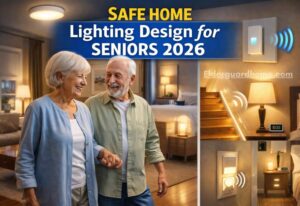 Strategic safe home lighting design for seniors 2026 showing glare-free hallway and amber path lights.