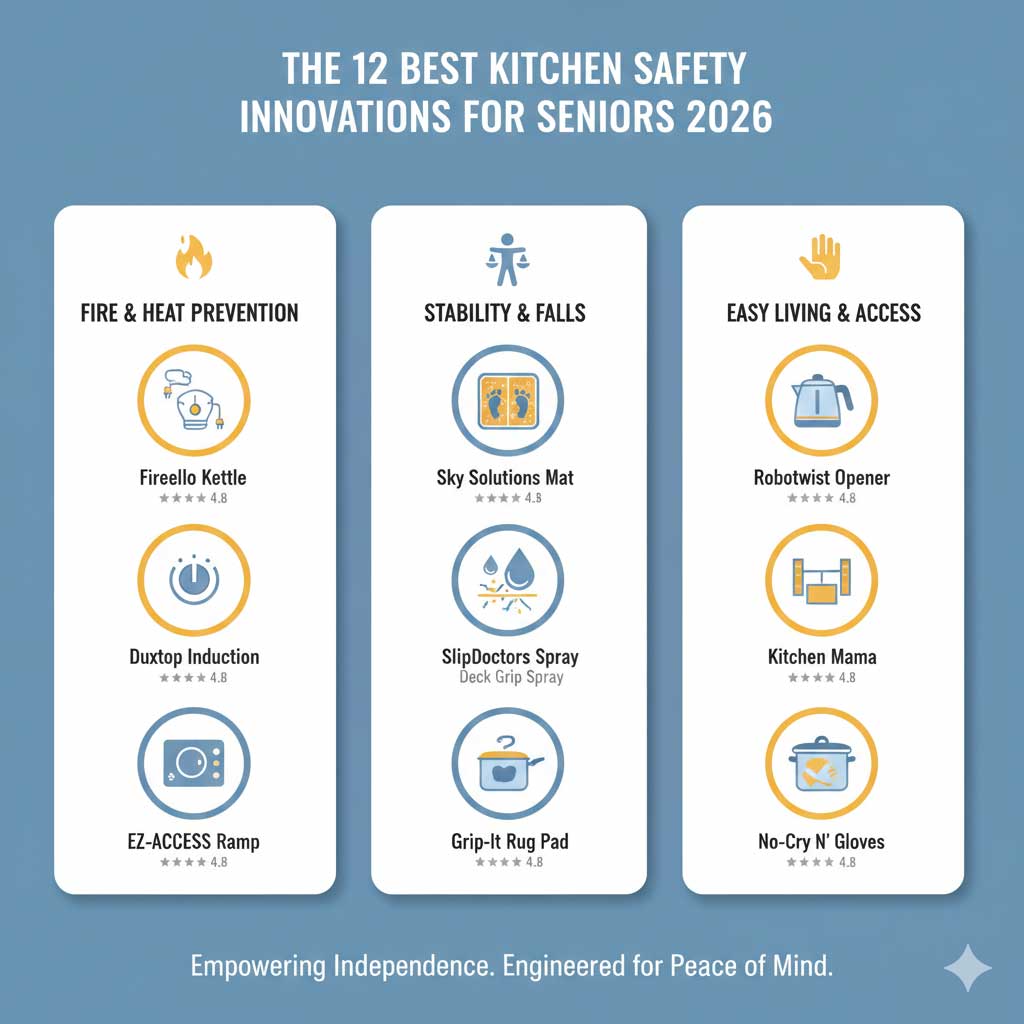Comprehensive gallery of 12 senior-friendly kitchen safety gadgets including automatic stove shut off devices, tipping kettles, and ergonomic jar openers for aging in place.
