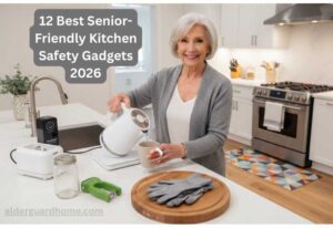 Senior kitchen safety gadgets including automatic stove shut off device, induction cooktop, and anti-fatigue mat.