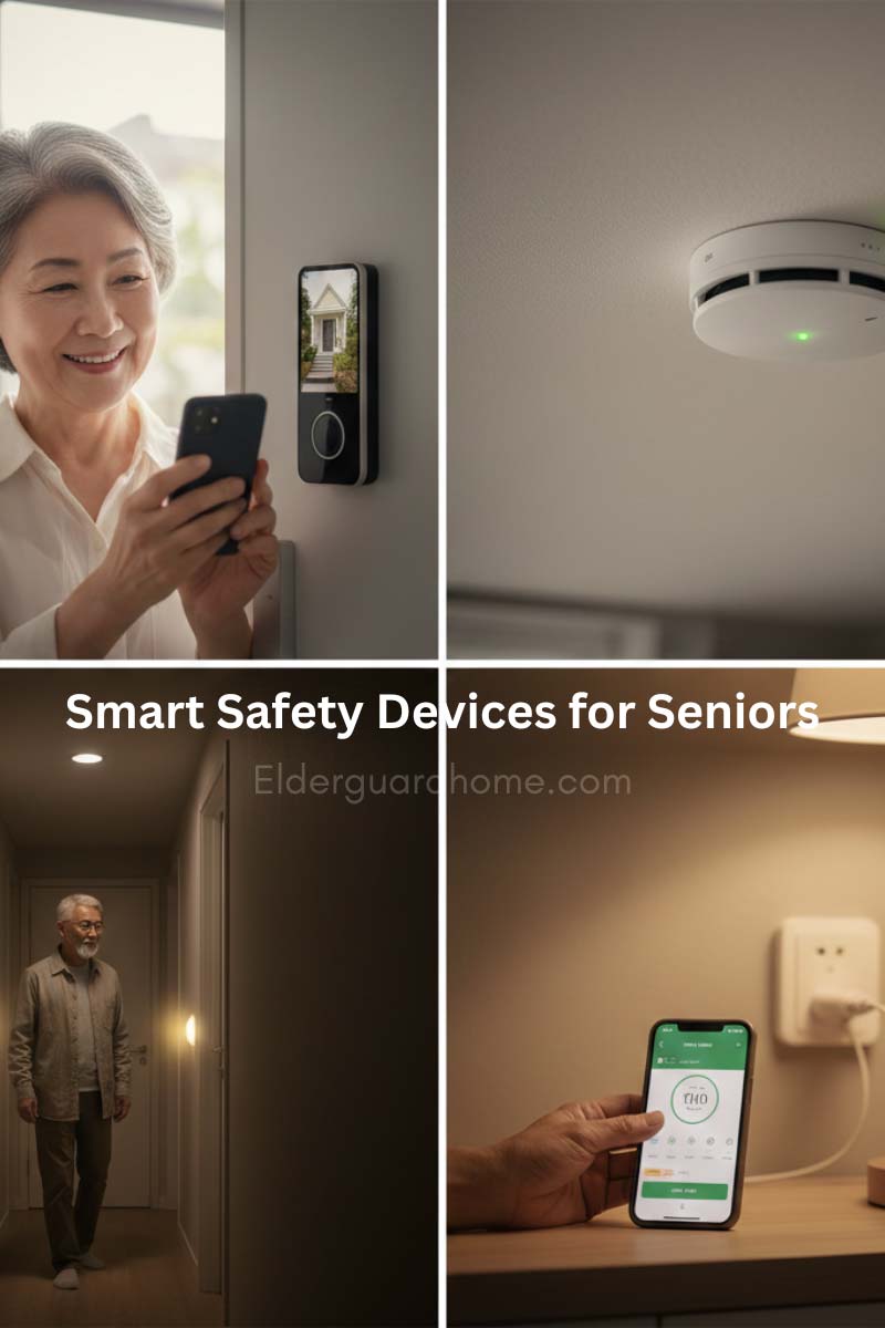 Smart safety devices for seniors including video doorbells and motion lights.