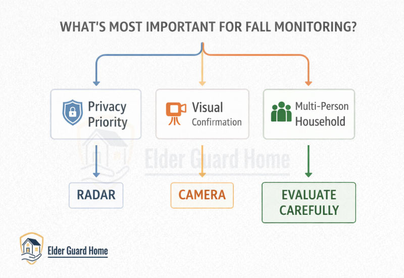 Decision tree infographic showing privacy priority leading to radar, visual confirmation leading to camera, and multi-person household requiring careful evaluation.