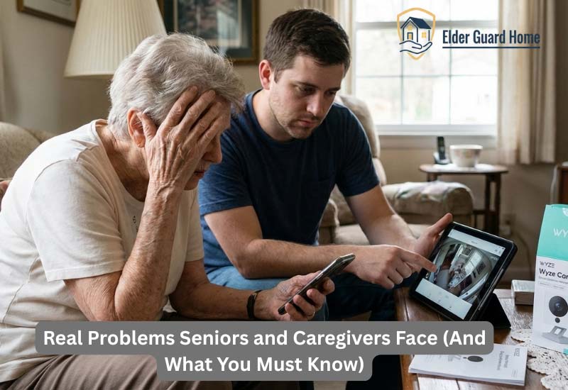 Frustrated senior and caregiver struggling with Wyze camera setup.