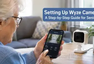 Setting Up Wyze Camera: Older woman viewing her front door security camera on a smartphone beside a Wyze indoor camera at home.
