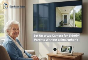 Senior woman viewing Wyze cameras without a smartphone on a large TV.