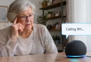 Can Alexa call 911? An elderly woman sits beside a smart speaker while considering emergency assistance.