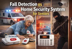 Fall detection vs home security system for seniors showing medical emergency response and burglary protection comparison.
