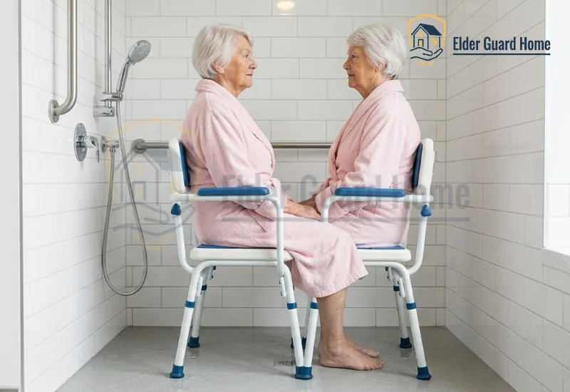 Elderly woman seated on adjustable shower chair with knees at 90 degrees and both feet flat on the shower floor