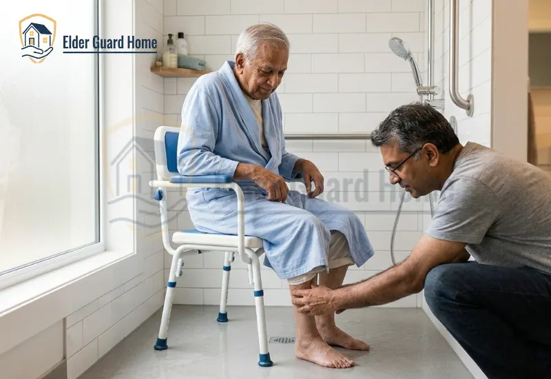 Adult son adjusting the leg height on an adjustable shower chair for his elderly father inside a bright bathroom