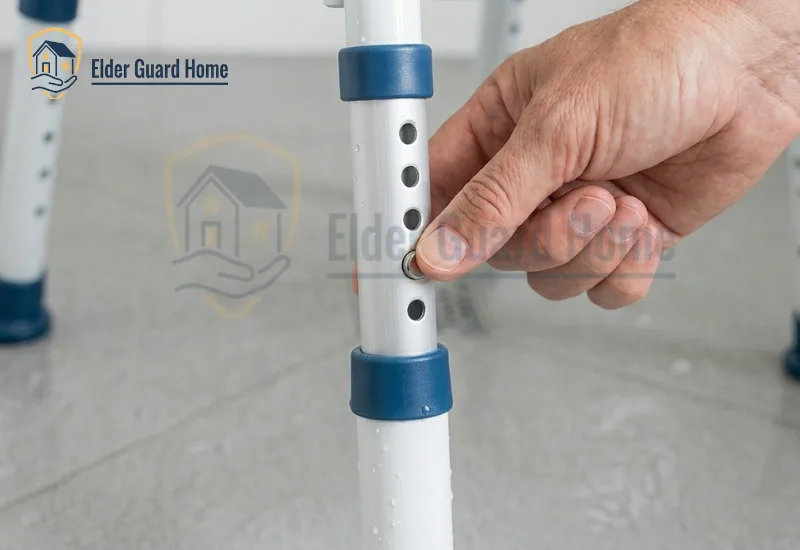 Close-up of a hand pressing the push-button pin to adjust the leg height on an aluminum shower chair for elderly adults