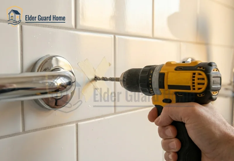 drilling pilot hole for shower grab bar on tile without studs — masking tape applied over tile