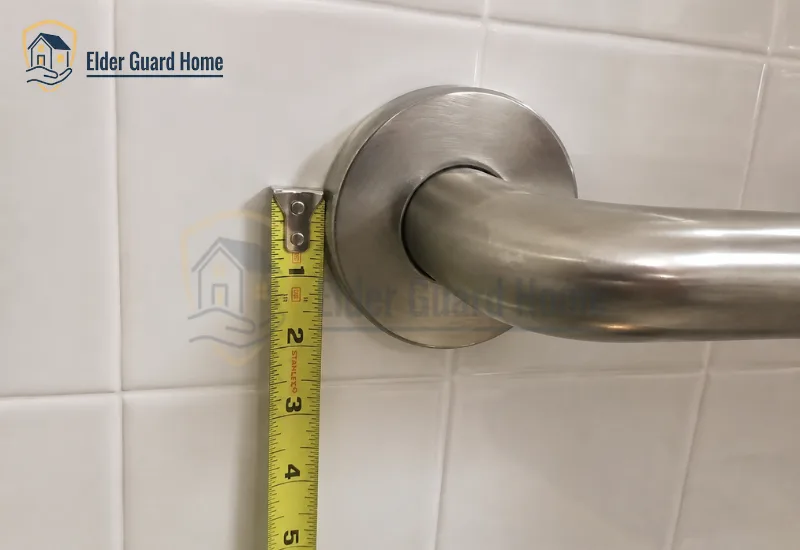 shower handrail mounting height measured against tile wall