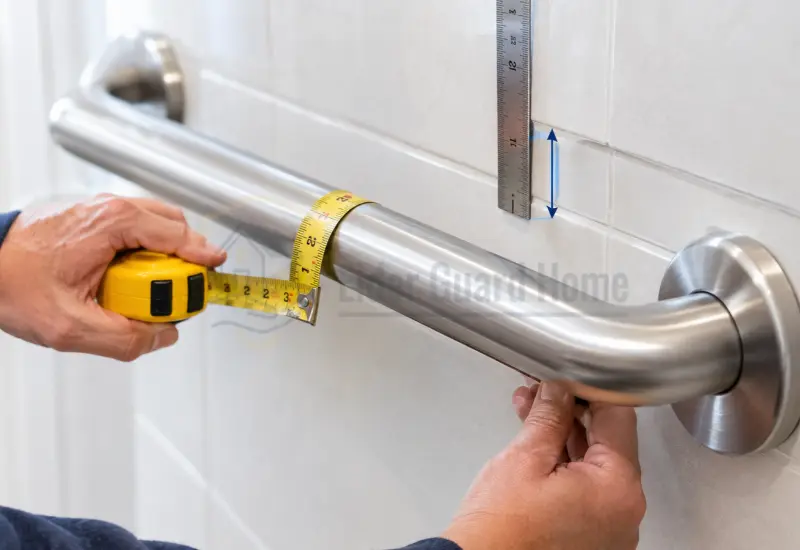 A person measuring a stainless steel grab bar’s diameter and wall clearance against a tiled bathroom wall.