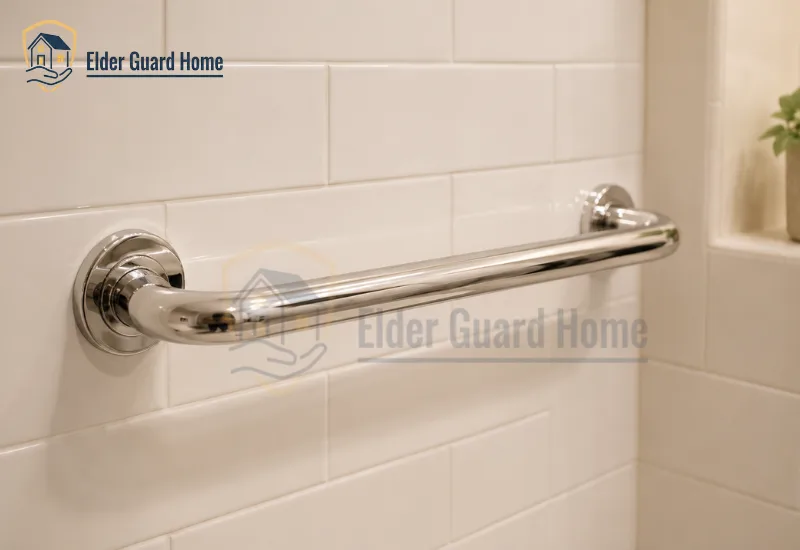 ada compliant grab bars — chrome grab bar with correct diameter and returned ends installed in senior bathroom