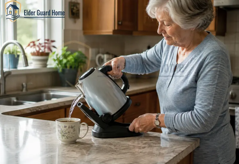 Older woman safely using a no-lift tipping electric kettle