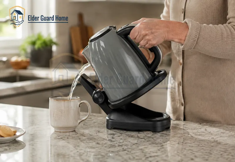 Senior-friendly electric kettle with ergonomic handle, stable base, and tipping mechanism