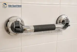 suction grab rails for elderly — chrome suction grab bar attached to smooth white bathroom tile