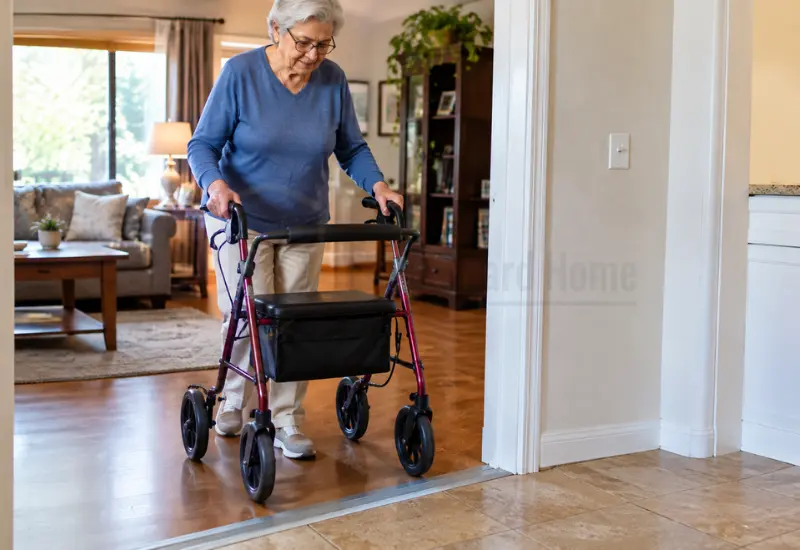 Older adult using a rollator on flooring for people with mobility issues