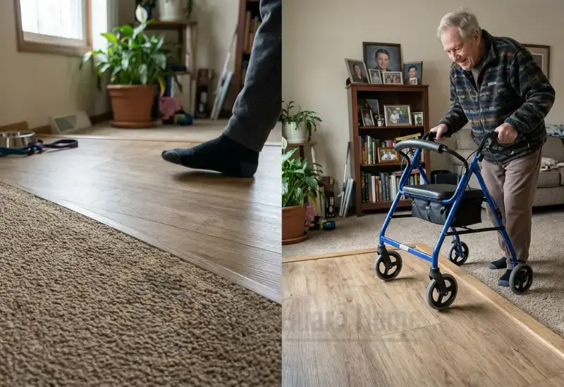 Floor transition/threshold showing the difference between a smooth transition and a raised edge