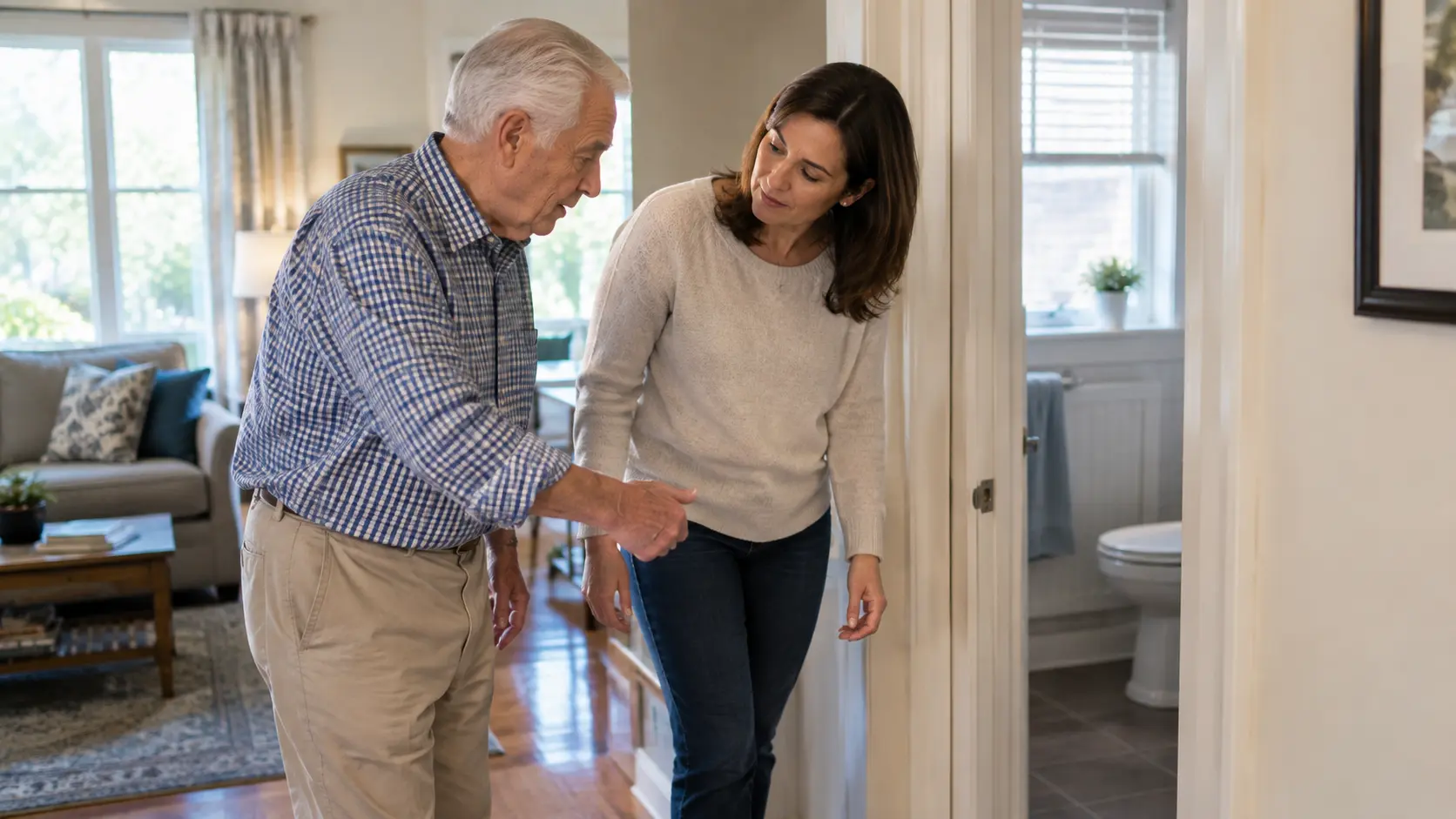 Older adult and caregiver discussing home safety concerns during an aging in place assessment