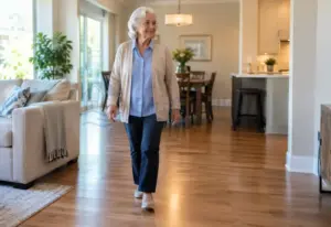 Older adult walking safely through a warm modern U.S. home, showing Best Flooring for Seniors Aging in Place.
