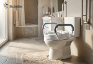 A white raised toilet seat with comfortable light blue padded handles, installed on a standard toilet in a well-lit, accessible bathroom with safety grab bars.