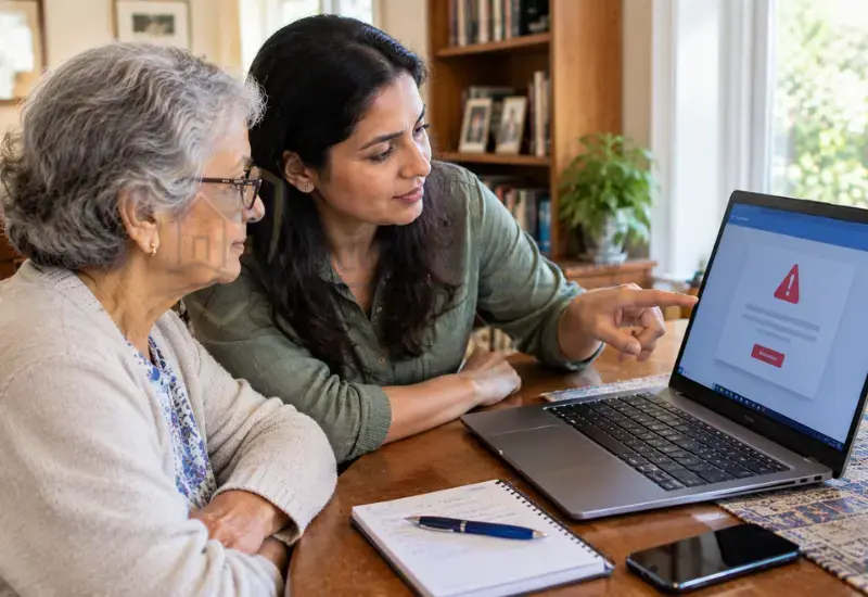 Caregiver helping an older parent learn how to recognize a fake virus warning on a computer