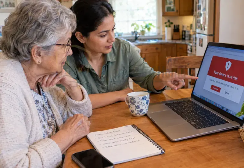 Daughter helping elderly parent respond safely to a fake Microsoft security alert