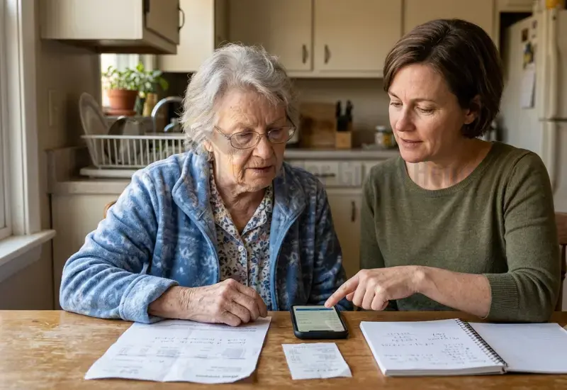 Adult daughter helping elderly parent review payment records after a scam
