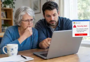 Older woman and family member examining a fake Microsoft security alert on a laptop