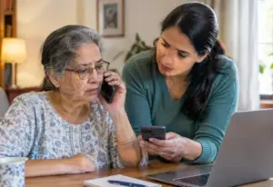 Older woman receiving a suspicious tech support call while using her computer at home