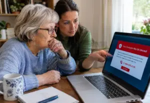 Older adult reviewing a suspicious fake virus warning on a computer with a caregiver